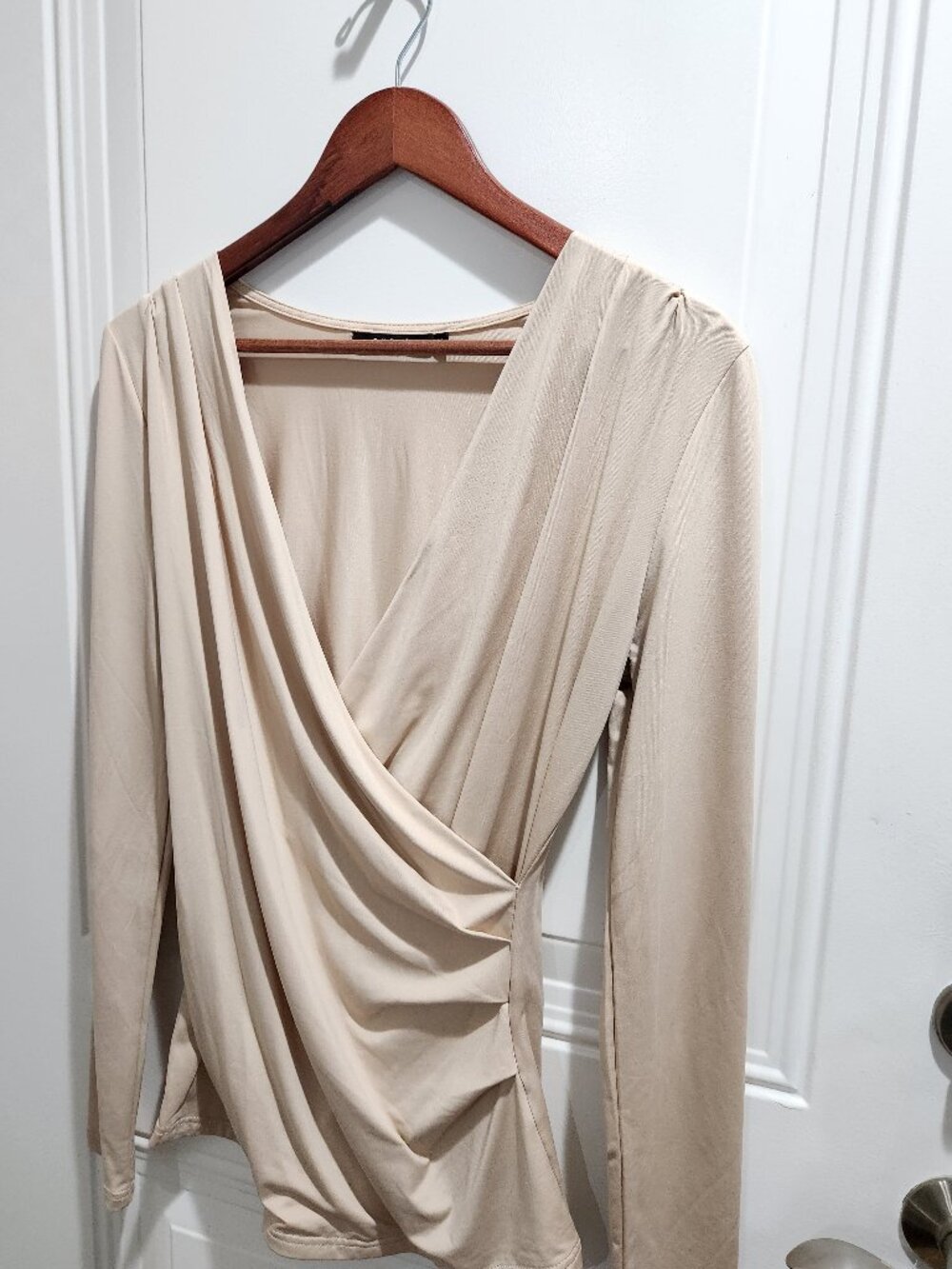 PattyBoutik Beige Draped Surplice Long Sleeve Blouse Women's Medium